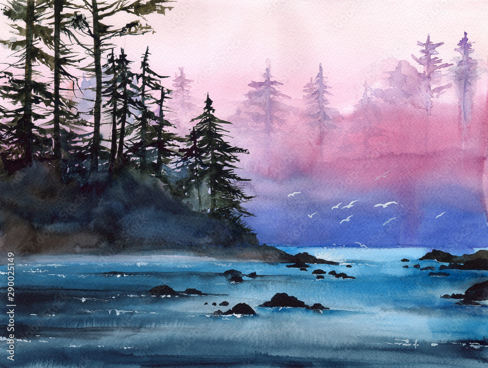   Watercolor landscape with misty river, distant forest and seagulls  above the water