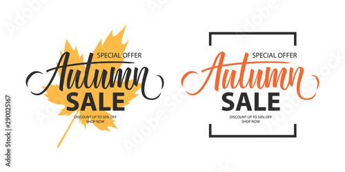Autumn Sale promotional labels templates set. Fall season special offer text design with hand lettering for business, seasonal shopping, promotion and advertising. Vector illustration.
