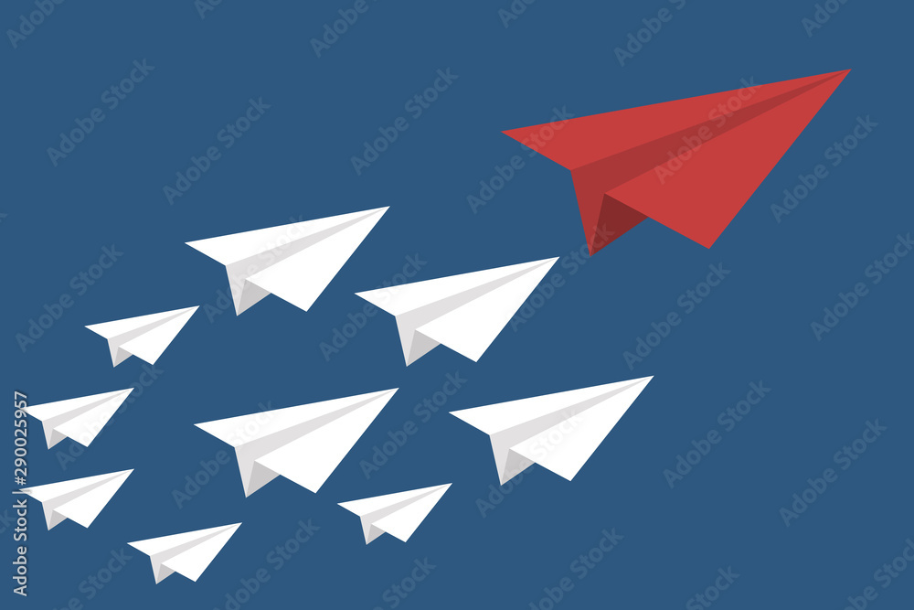 Red paper plane lead white ones on a sky background. Leadership, teamwork. Red paper plane lead white ones on a sky background. Leadership, teamwork.