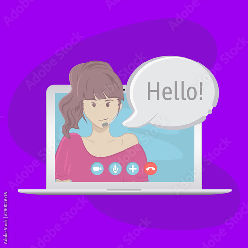 Video chatting online on laptop. Bubble speeches