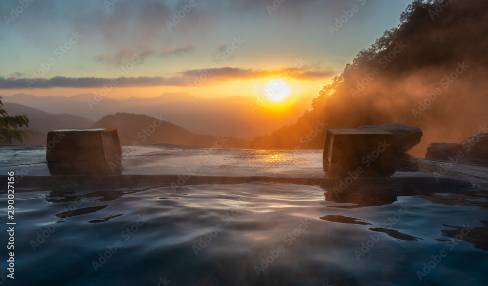 Sunrise in the Japanese hot spring, Yari Onsen, Hakuba, Japan - obrazy, fototapety, plakaty 