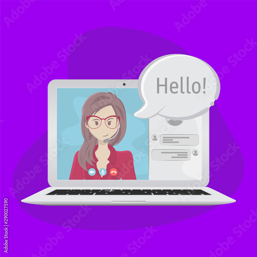Video chatting online on laptop. Bubble speeches