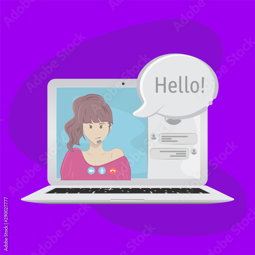 Video chatting online on laptop. Bubble speeches