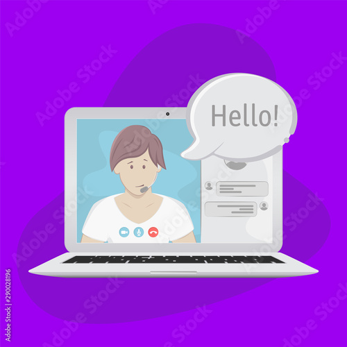 Video chatting online on laptop. Bubble speeches