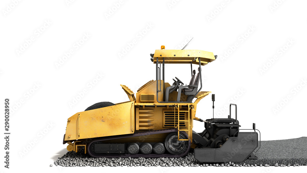Yellow asphalt spreader machine lays asphalt 3d render on white