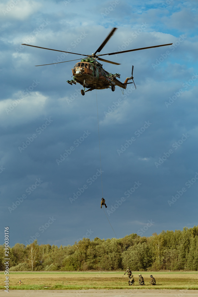 Landing of special forces on a rope from a Mi-8 helicopter Landing of special forces on a rope from a Mi-8 helicopter