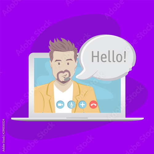Video chatting online on laptop. Bubble speeches