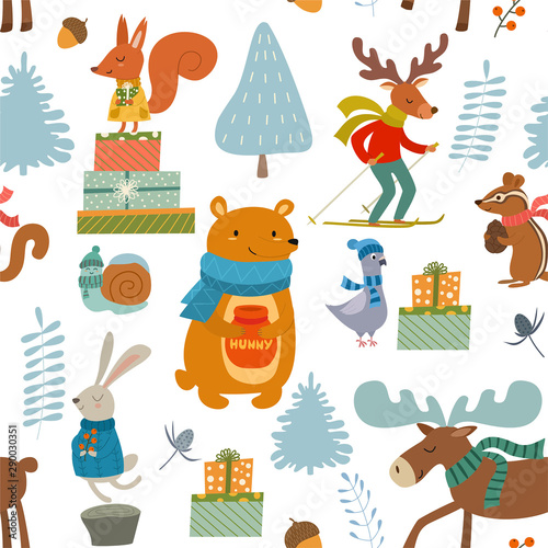 Winter pattern with cartoon characters animals. Vector seamless texture. 