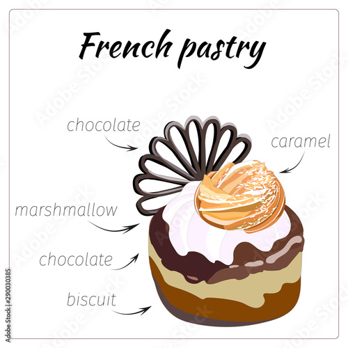 Sponge cake with caramel, marshmallows and chocolate on a white background. Sweet dessert for print, posters, banners, cards, cafe menu. Vector illustration