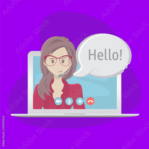 Video chatting online on laptop. Bubble speeches