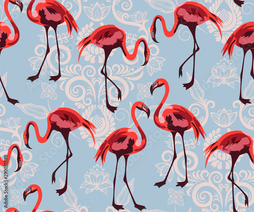 Tropical wildlife, flamingo bird, seamless pattern. Ethnic seamless pattern ornament. Vector pattern. Print for textile, cloth, wallpaper, scrapbooking	