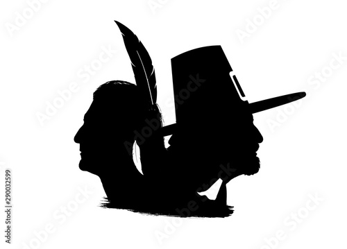 Принти на полотні Profile silhouettes of a Wampanoag character and a pilgrim