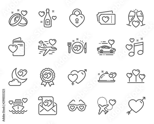 Honeymoon line icons. Wedding car, marriage rings, love. Bridal champagne, Valentine heart icons. Couple tickets, honeymoon travel, married night. Wedding music, love lock. Vector