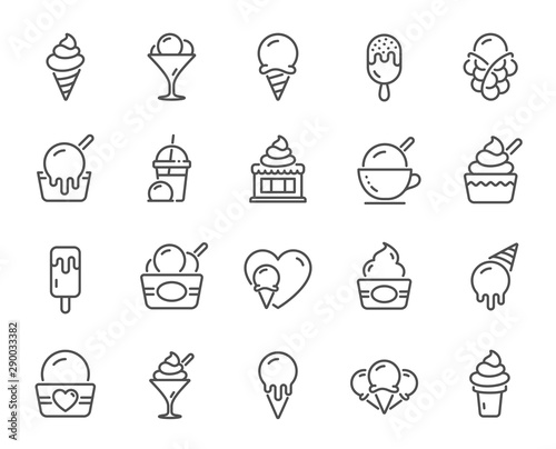 Ice cream line icons. Vanilla sundae, frozen yogurt, bubble waffle. Sweet dessert food, milkshake with ice cream, sundae icons. Smoothie drink, frozen coffee, sorbet wafer. Vector