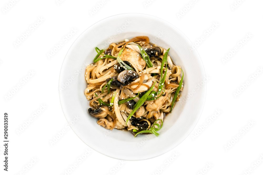 Wok noodles with toppings top view isolated on white background Wok noodles with toppings top view isolated on white background