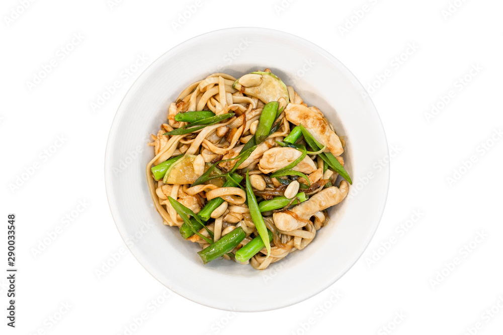 Wok noodles with toppings top view isolated on white background Wok noodles with toppings top view isolated on white background
