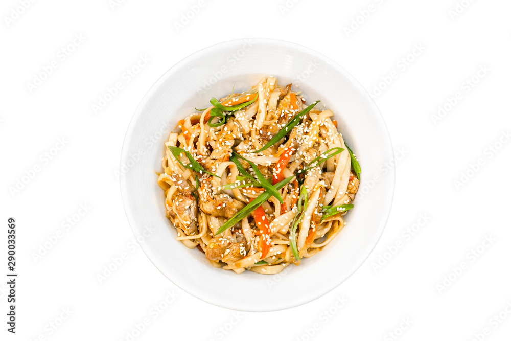 Wok noodles with toppings top view isolated on white background