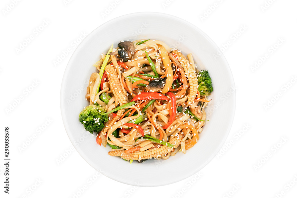 Wok noodles with toppings top view isolated on white background Wok noodles with toppings top view isolated on white background