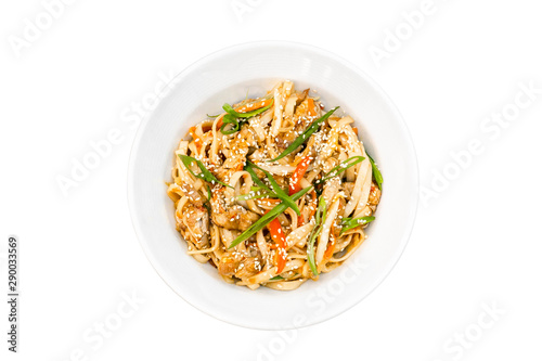 Wok noodles with toppings top view isolated on white background
