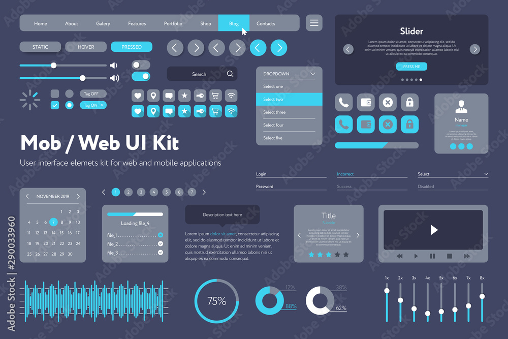 Vector UI kit for mobile applications and web sites. Universal user interface template with responsive design, tools and buttons. Flat menu icons and control elements on color background.