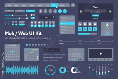 Vector UI kit for mobile applications and web sites. Universal user interface template with responsive design, tools and buttons. Flat menu icons and control elements on color background.