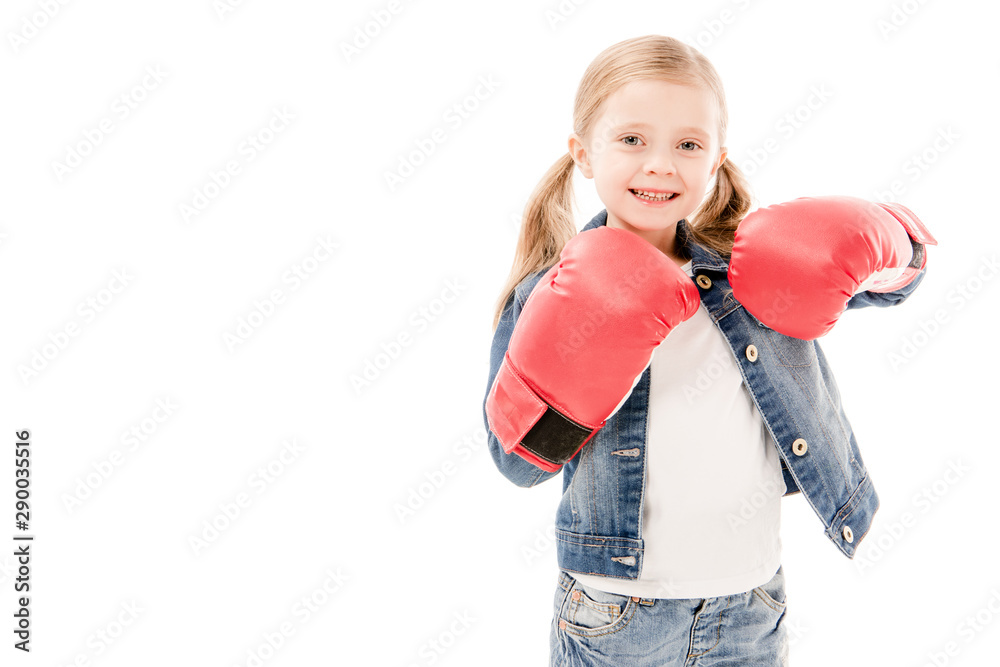 front view of smiling kid in red boxing gloves isolated on white front view of smiling kid in red boxing gloves isolated on white
