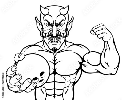 A devil Satan ten pin bowling sports mascot cartoon character man holding a ball