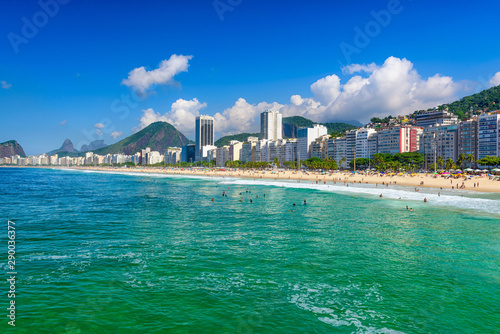 Copacabana beach and Leme beach in Rio de Janeiro, Brazil. Copacabana beach is the most famous beach in Rio de Janeiro. Sunny cityscape of Rio de Janeiro