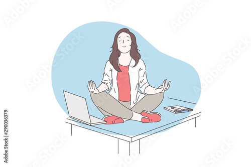 Mindfulness, meditation, mental health concept. Happy business woman or young girl meditating on the desktop in the office. Vector flat design.