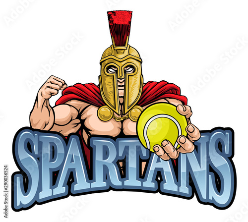 A Spartan or Trojan warrior Tennis sports mascot holding a ball