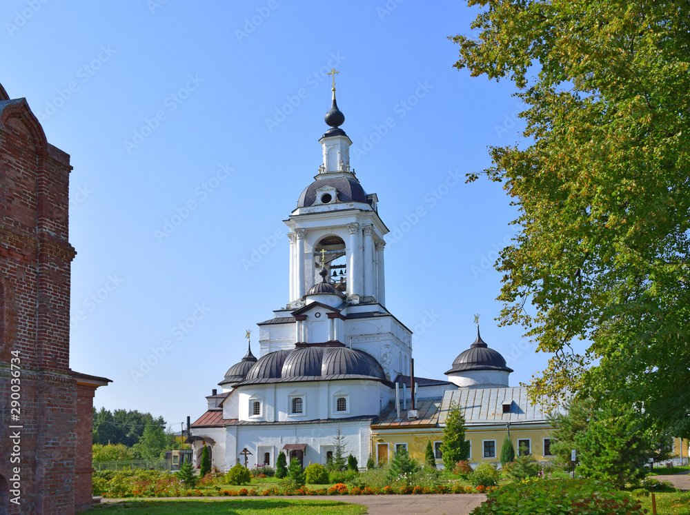 Gate St. Nicholas Church with two towers on the sides on the territory of The Avraam monastery was built in 1691 by the masters of Jonah Sysoevich. Russia, Rostov, August 2019