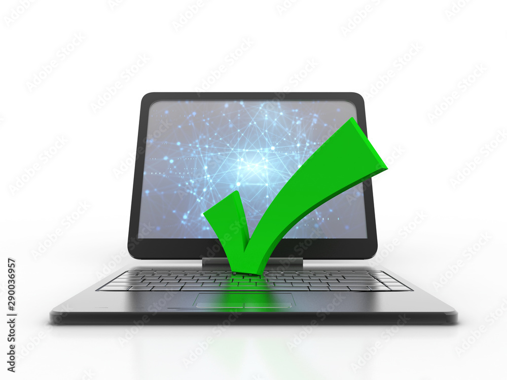 3d illustration Checkbox Tick on laptop 3d illustration Checkbox Tick on laptop