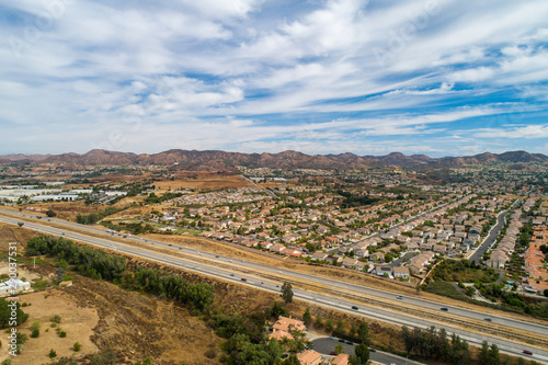 Aerial view of houses and mountains in California