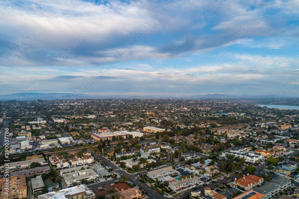 aerial view of houses and mountains in California