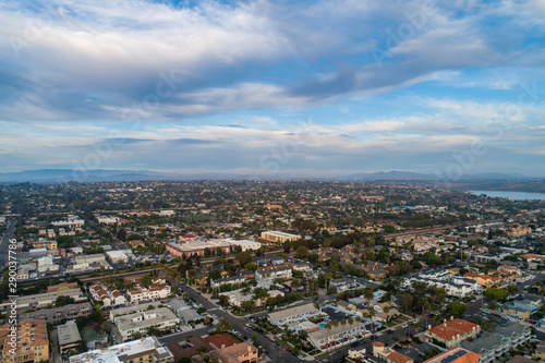 aerial view of houses and mountains in California