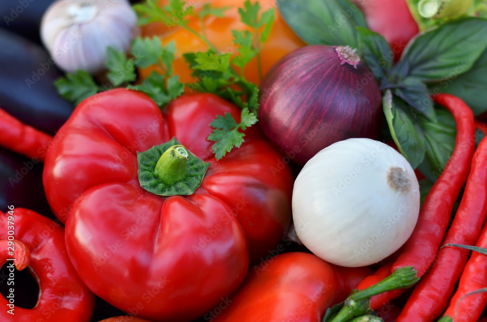 Fresh vegetables close-up as a background. The concept of healthy food. Shallow depth of field, selective focus