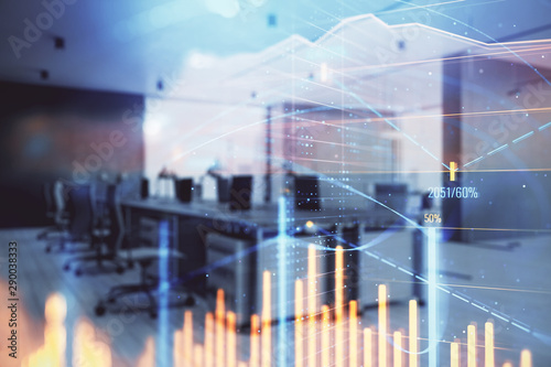 Stock market chart with trading desk bank office interior on background. Double exposure. Concept of financial analysis