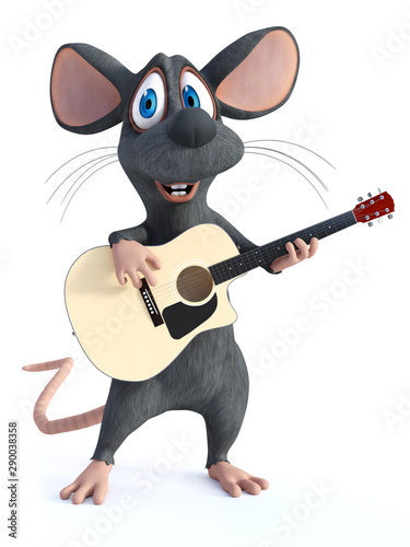 3D rendering of a cartoon mouse playing guitar.