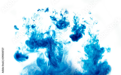 Poster color in water. Abstract background., Color paint drops in water. Ink swirling underwater, Cloud of silky ink collision on white background. Colorful abstract smoke explosion animation. © Wachiraphorn Thongya