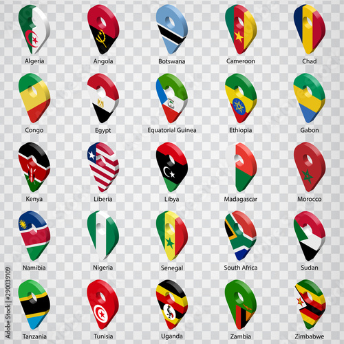 3D geolocation signs of twenty five  African countries with inscriptions. Set of  twenty five 3d geolocation icons on transparent background. Flags of Africa countries in the form of geolocation signs