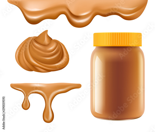 Peanut butter. Healthy breakfast caramel or chocolate butter sweet creamy dessert vector realistic collection. Illustration nut flavor, confectionery creamy