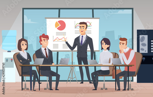 Meeting office interior. Business conference room with people managers working team vector cartoon interior. Illustration office meeting, business team and teamwork