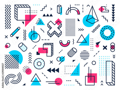 Geometric shapes. Abstract memphis style, points grid and lines pattern symbols. Color minimal poster elements, 80s abstract poster signs or 90s hipster shape. Isolated vector symbols set