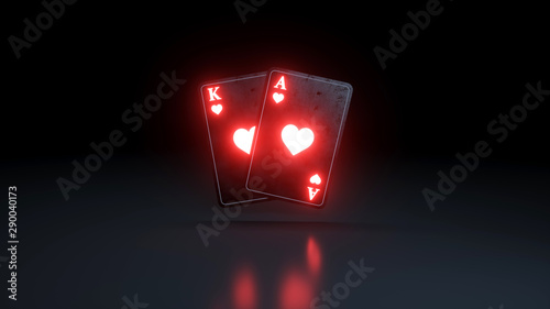 King and Ace of Hearts Cards With Glowing Neon Lights Isolated On The Black Background - 3D Illustration