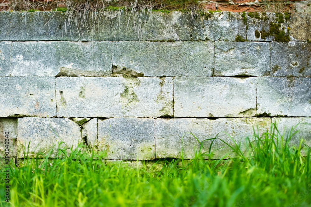 a stone wall on which moss grows, grass grows under it and some vegetation hangs on top a stone wall on which moss grows, grass grows under it and some vegetation hangs on top