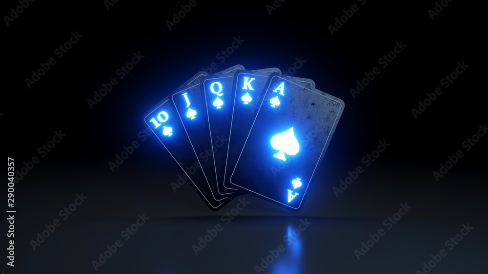 Royal Flush in Spades Poker Playing Cards With Neon Lights Isolated On The Black Background - 3D Illustration - obrazy, fototapety, plakaty 