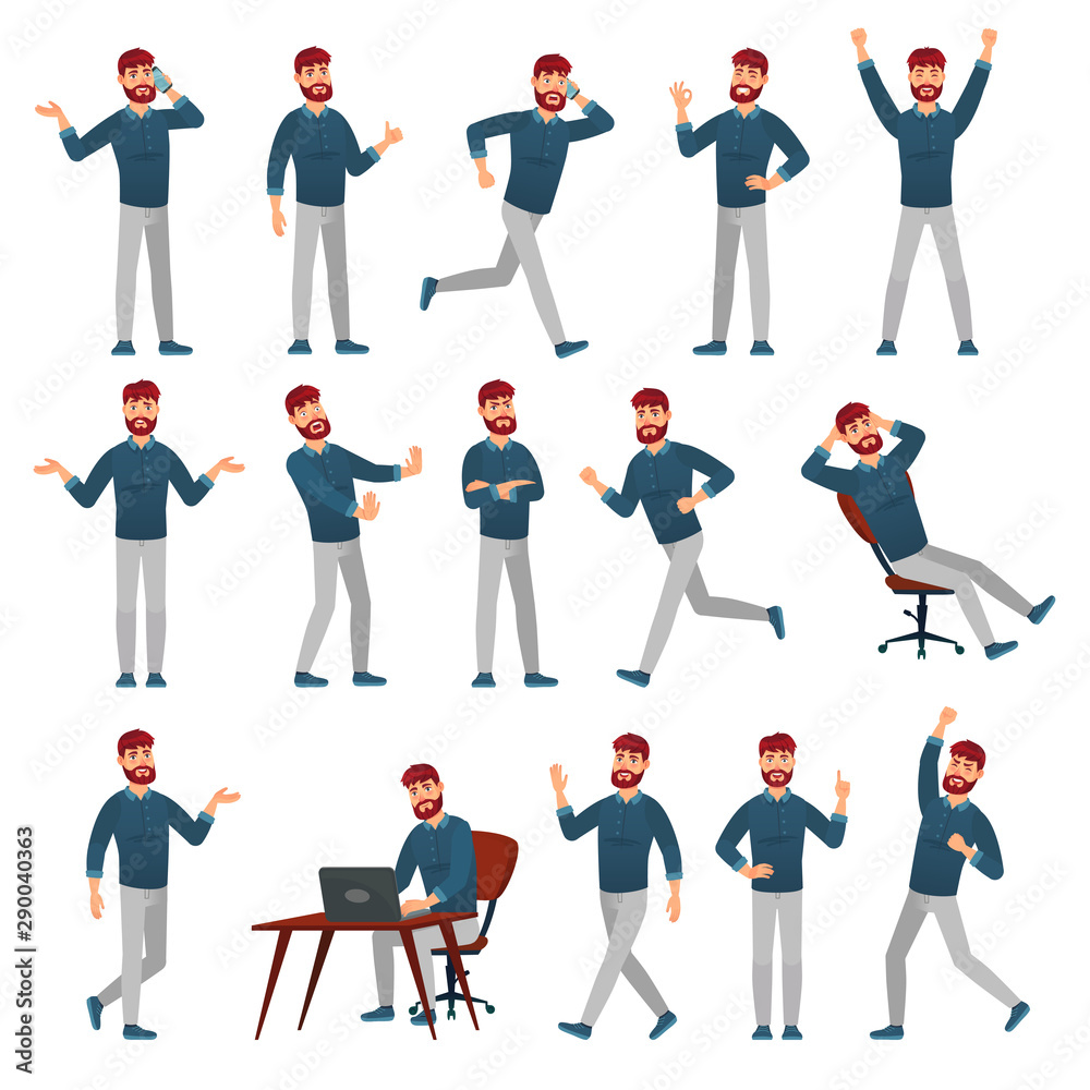 Obraz premium Cartoon man in casual outfit. Male character in different poses, walking guy and standing man. Bearded hipster teen clothes, geek teenager outfit. Isolated vector illustration icons set
