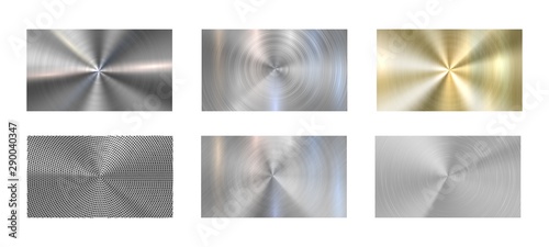 Circular metal texture. Radial brushed metals, grey steel and metallic chrome textures. Aluminum and gold chrome texture, bronze glossy wallpaper. Realistic isolated vector background set
