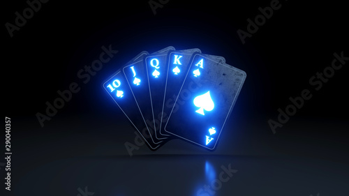 Fotografía Royal Flush in Spades Poker Playing Cards With Neon Lights Isolated On The Black