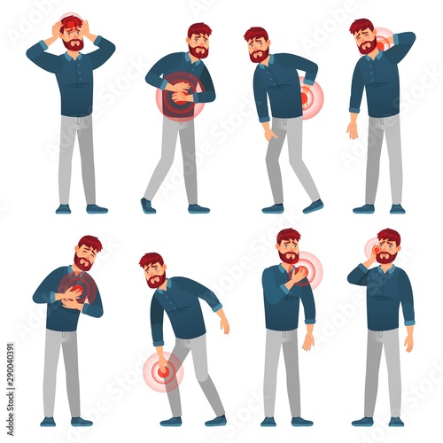 Man in pain. Sickness men pain areas, migraine headache and stomach ache. Painful hurts zones, human feel badly and hurt or emergency patient. Cartoon vector isolated illustration icons set